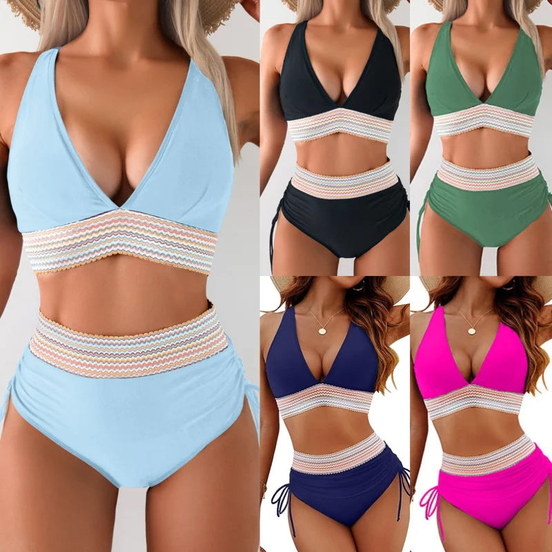 🔥S~4XL tilgjengelig🔥2025 Bikinisett med høy midje og magekontroll i fargeblok