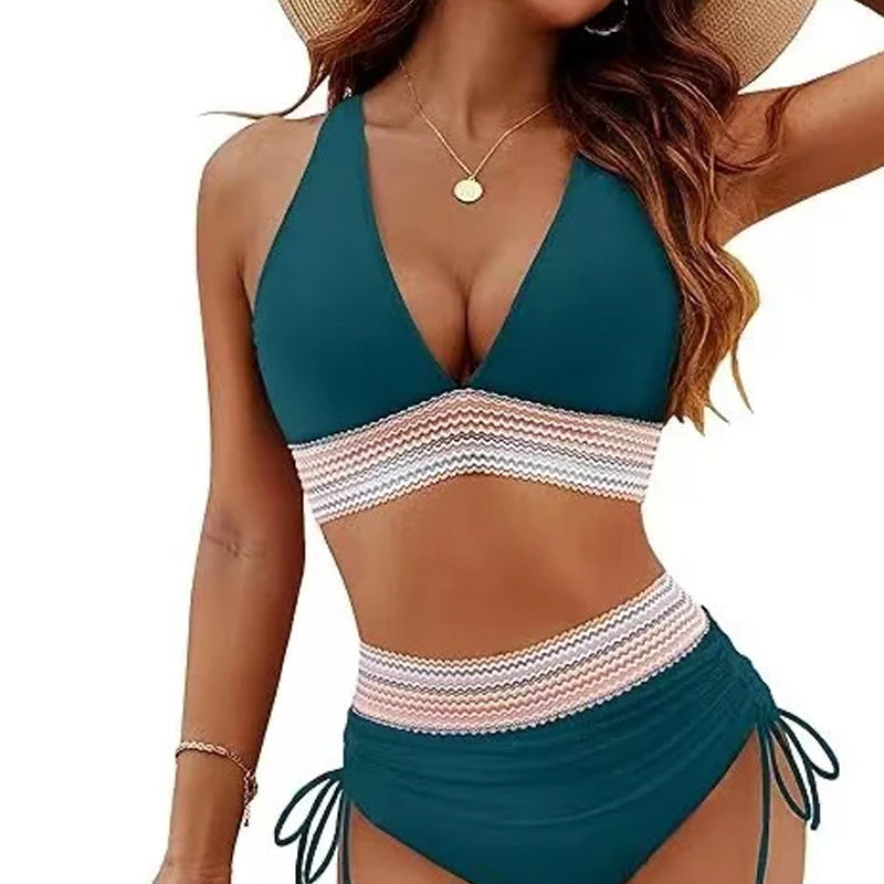🔥S~4XL tilgjengelig🔥2025 Bikinisett med høy midje og magekontroll i fargeblok
