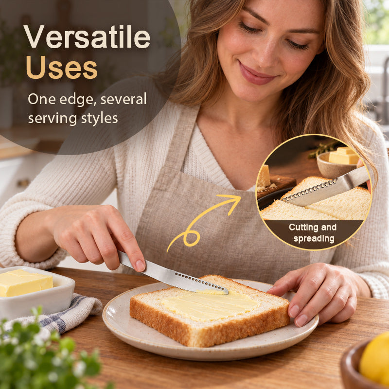 🧈🍽️Multifunksjonell smør- og ostespreder — buet kant, takket side og 3 utførelser