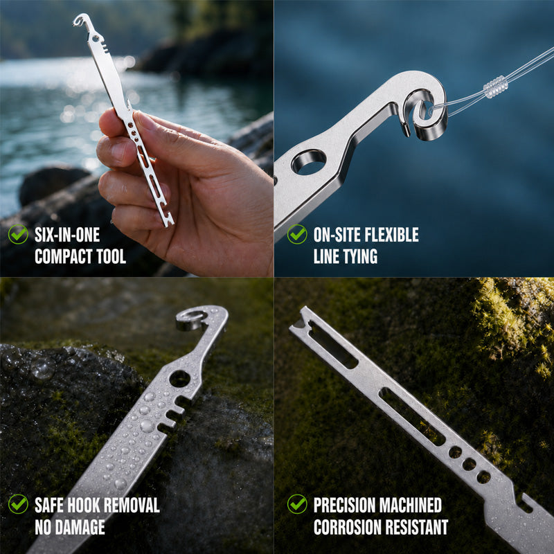 🎣 6-i-1 verktøy for å knyte fiskeknuter og fjerne kroker: Multiverktøy i rustfritt stål! 🐟