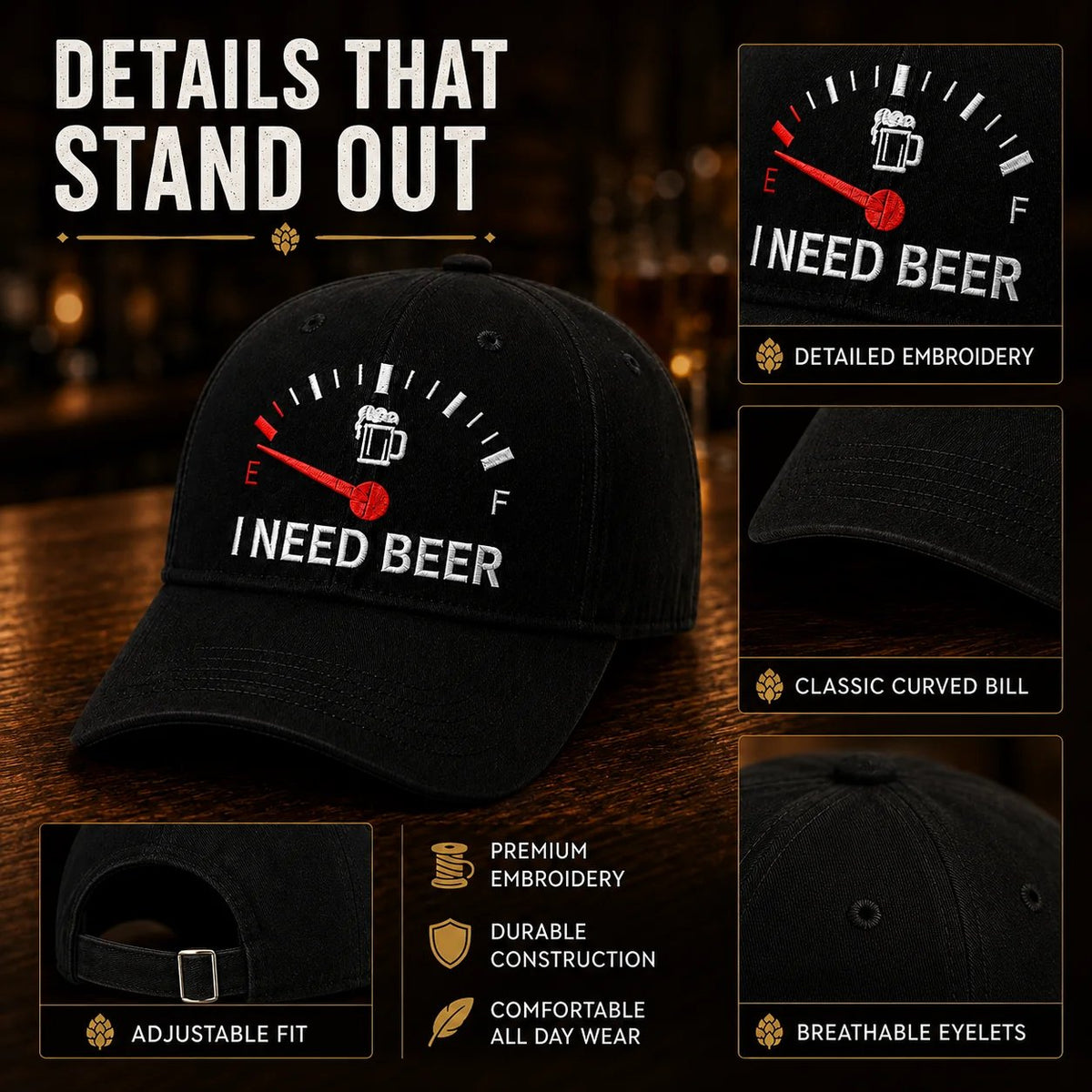🧢 «I Need Beer»-brodert tanklokk: En morsom baseballcap! 🍺✨