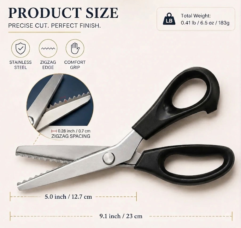 ✂️9,1" profesjonell saks i rustfritt stål med takkete blad – ✨Skarp saks med sikksakk-kant som forhindrer at stoffet fliser seg, til sying og håndverk